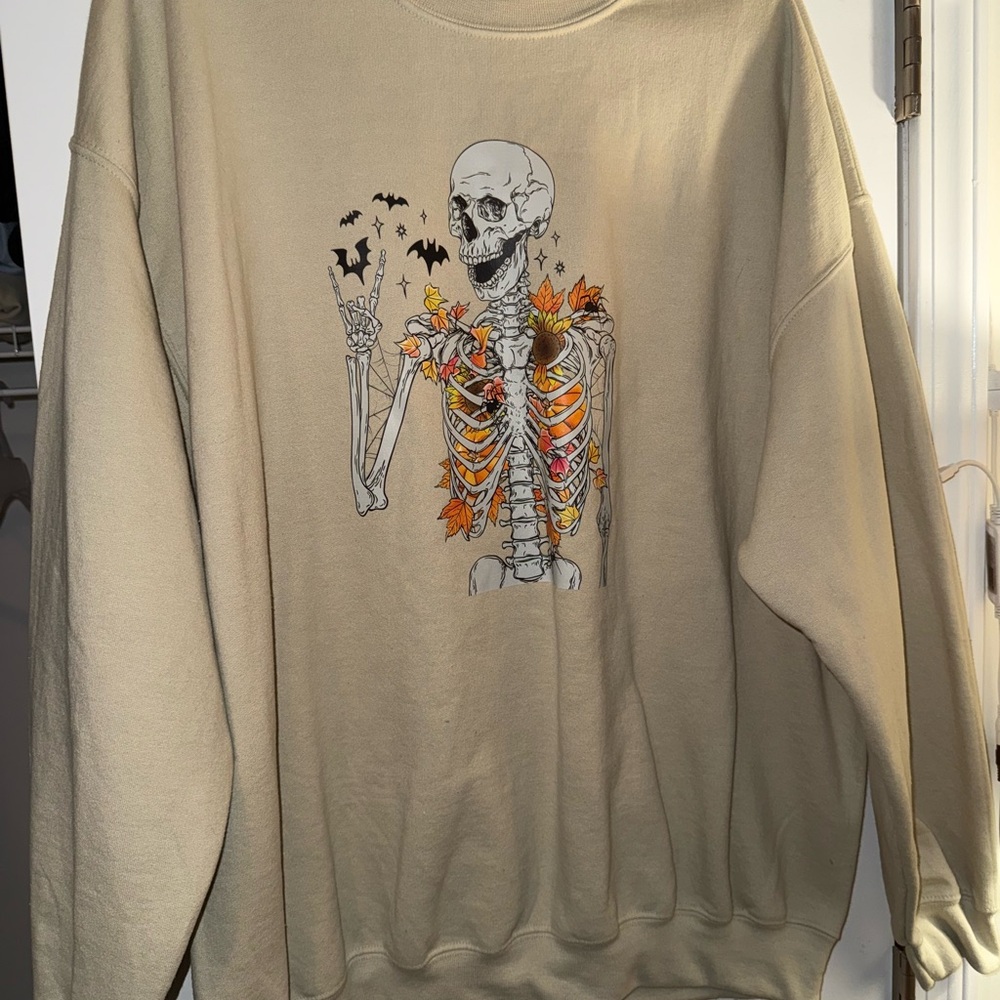 Gildan Tan Crewneck Sweater with Skeleton Graphic